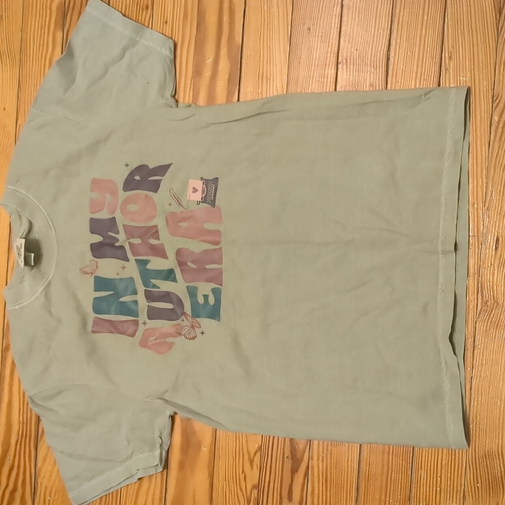 Cute green "In My Author Era" T-shirt, size S, NWOT